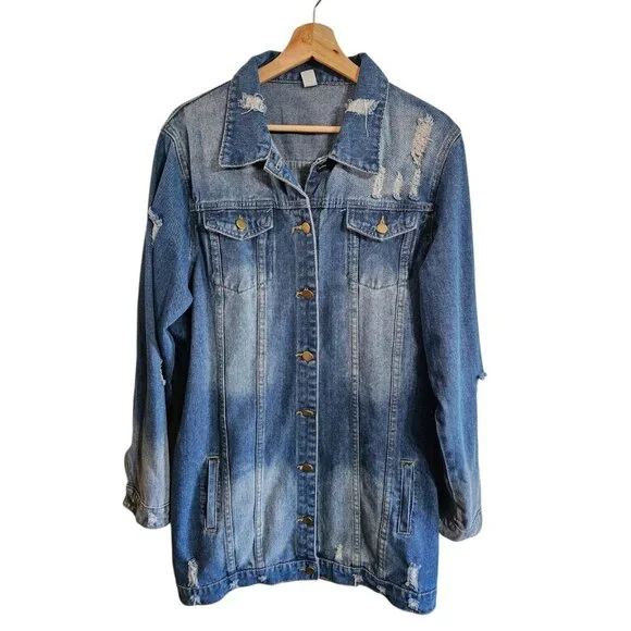 Womens XXL Longline Distressed Denim Jacket Blue Wash Button Front Pockets Y2K - Picture 2 of 7